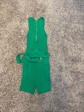 Sleeveless Green Ribbed Utility Jumpsuit with Belt
